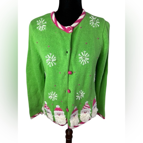 Heirloom Collectibles Vintage Tacky Christmas Santa Cardigan Green & Pink - Picture 3 of 10